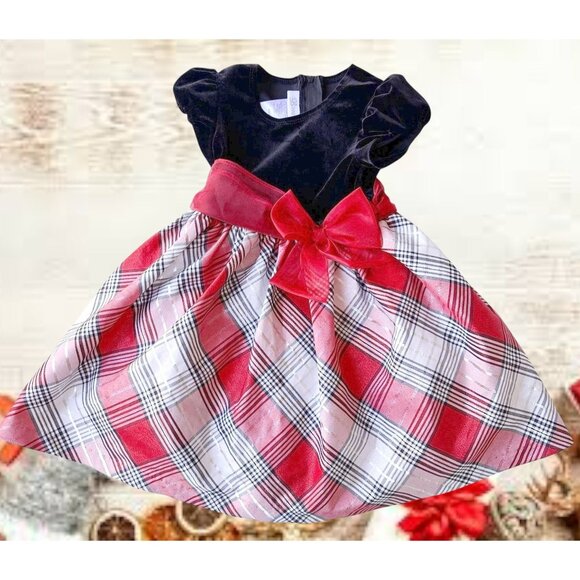 Bonnie Jean Velour Red Plaid Dress Toddler Girl 3T Christmas Bows Valentine EUC - Picture 6 of 12